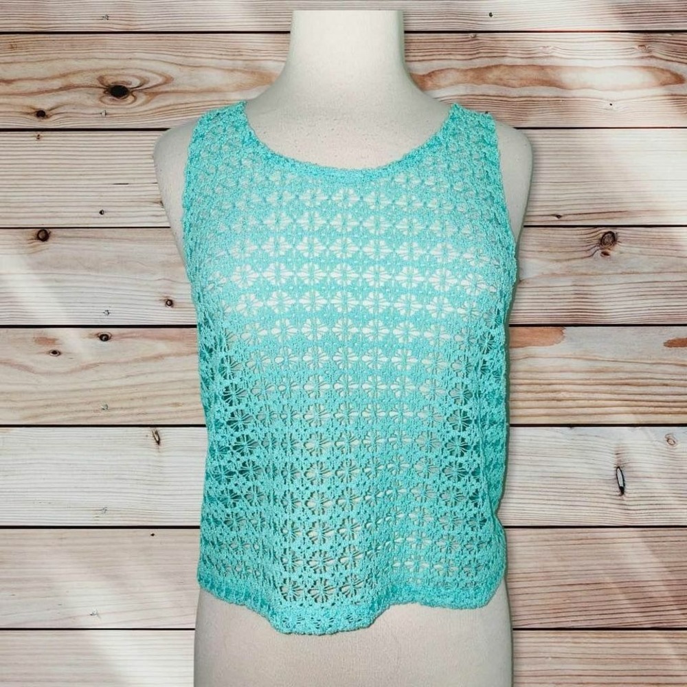 B1 PINK Crochet Tank Top Women XS Small Mint Green Oversized Beach Summer Shirt